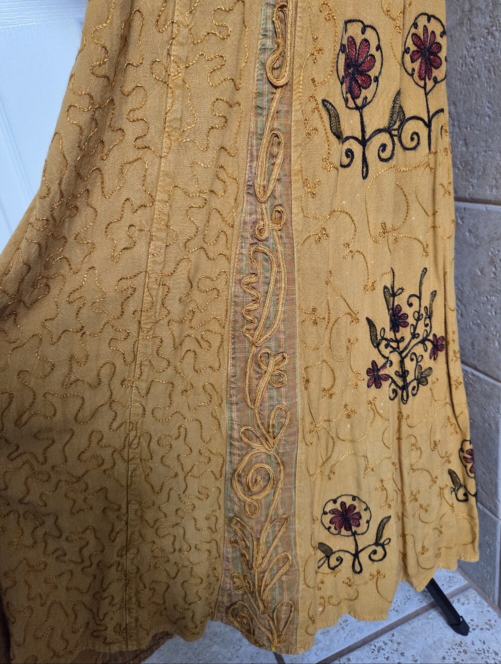Vintage Mustard Embroidered Plaid Maxi Dress With A Belt In Back Bohemian - Picture 5 of 15